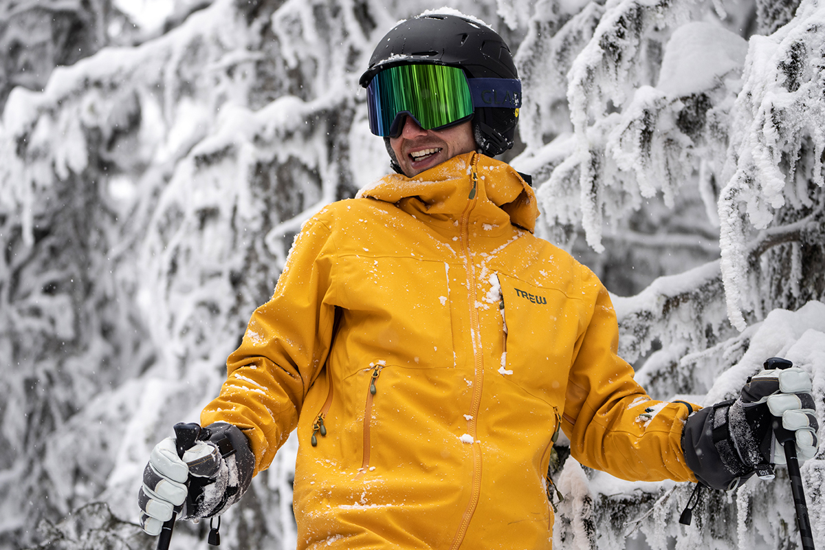 Trew Gear Cosmic Primo Jacket (smiling in snow)